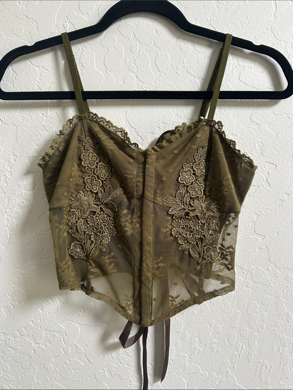 Olive Green Lace Appliqué Bustier Top with matching ribbon corset back